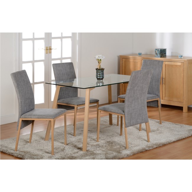 Glass Top Dining Table with 4 Grey Upholstered Chairs - Morton