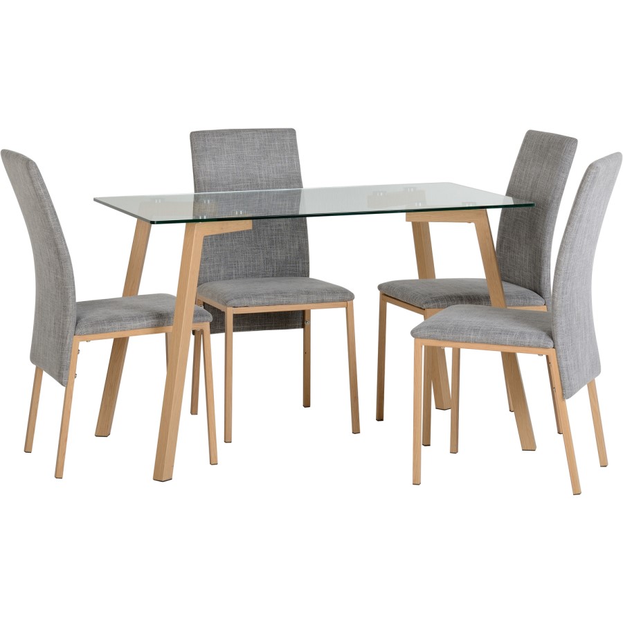 Glass Top Dining Table with 4 Grey Upholstered Chairs - Morton