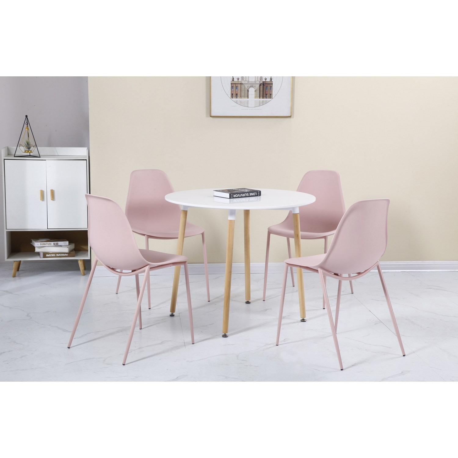 Photo of Lindon white and oak dining set 4 pink chairs
