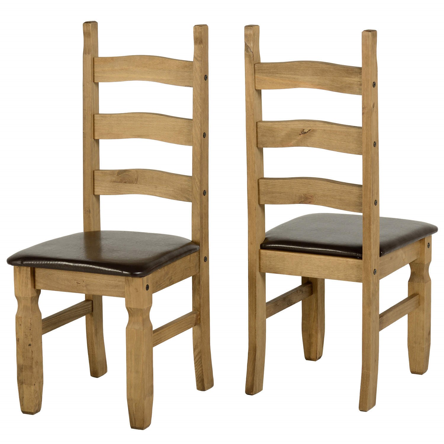 Seconique Pair of Corona Dining Chairs in Solid Pine with Brown Faux Leather Seat