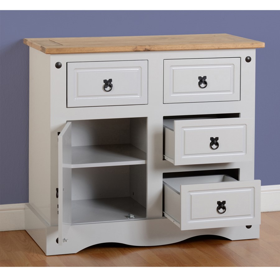 Corona Small Grey Sideboard with Sold Pine Top & Storage - Seconique