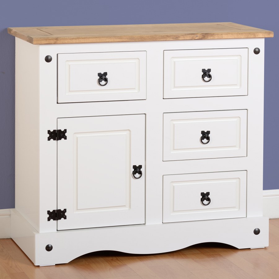 White Sideboard with Pine Top & Black Handles - Corona