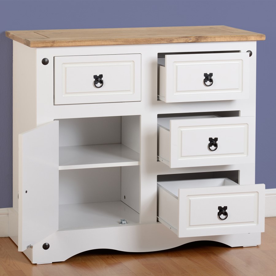 White Sideboard with Pine Top & Black Handles - Corona