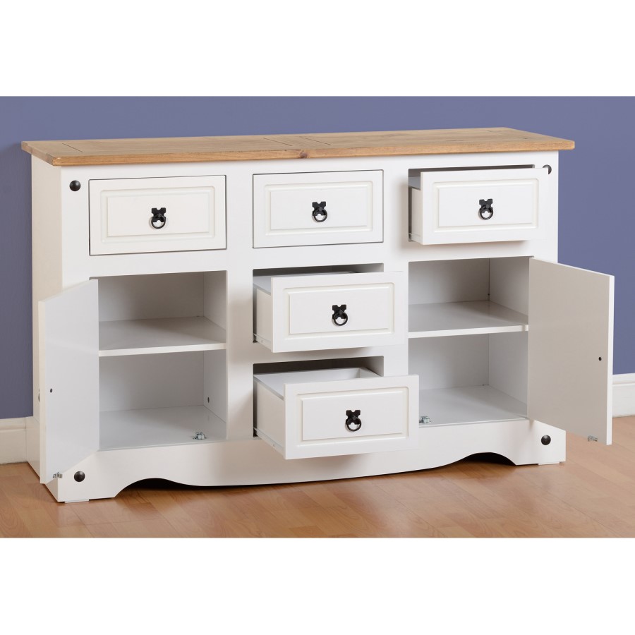 Seconique Corona White Painted Sideboard with 2 Doors & 5 Drawers with Waxed Pine Top