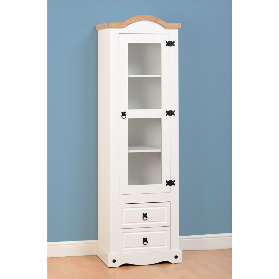Seconique Corona White Display Unit with 1 Glass Front Door & 2 Drawers and Black Handles