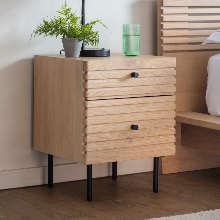 Oak Japandi 2 Drawer Bedside Table with Legs - Caspian House