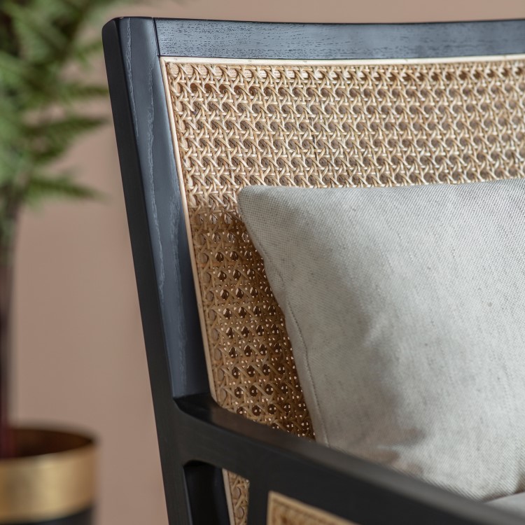 Cream Rattan Chair with Cushions and Black Wood Frame - Caspian House