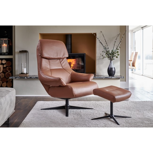 Sydney Light Brown Faux Leather Chair & Footstool - Swivel & Recliner