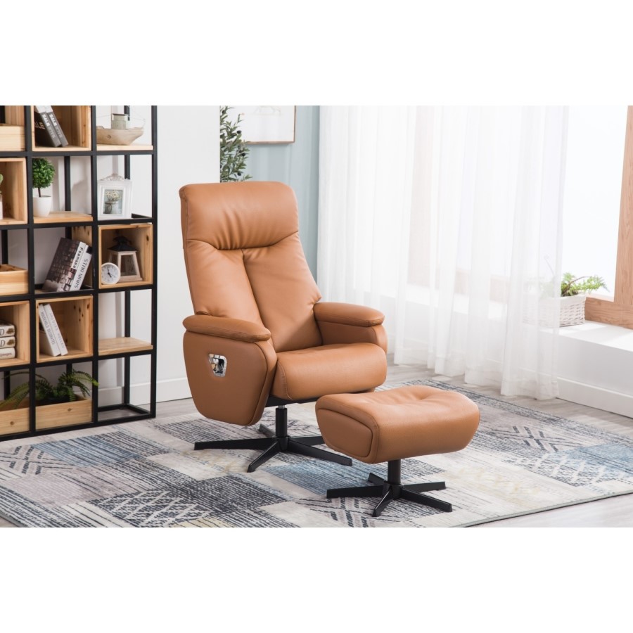 Santorini Faux Leather Tan Chair & Footstool with Swivel & Recliner