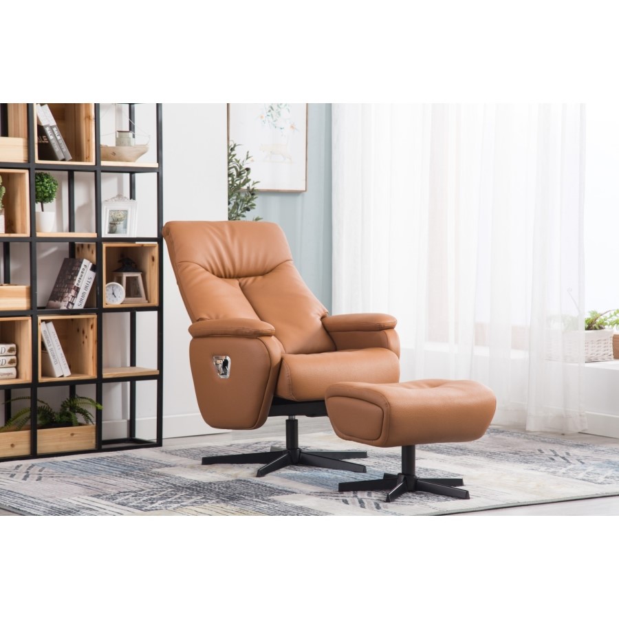 Santorini Faux Leather Tan Chair & Footstool with Swivel & Recliner