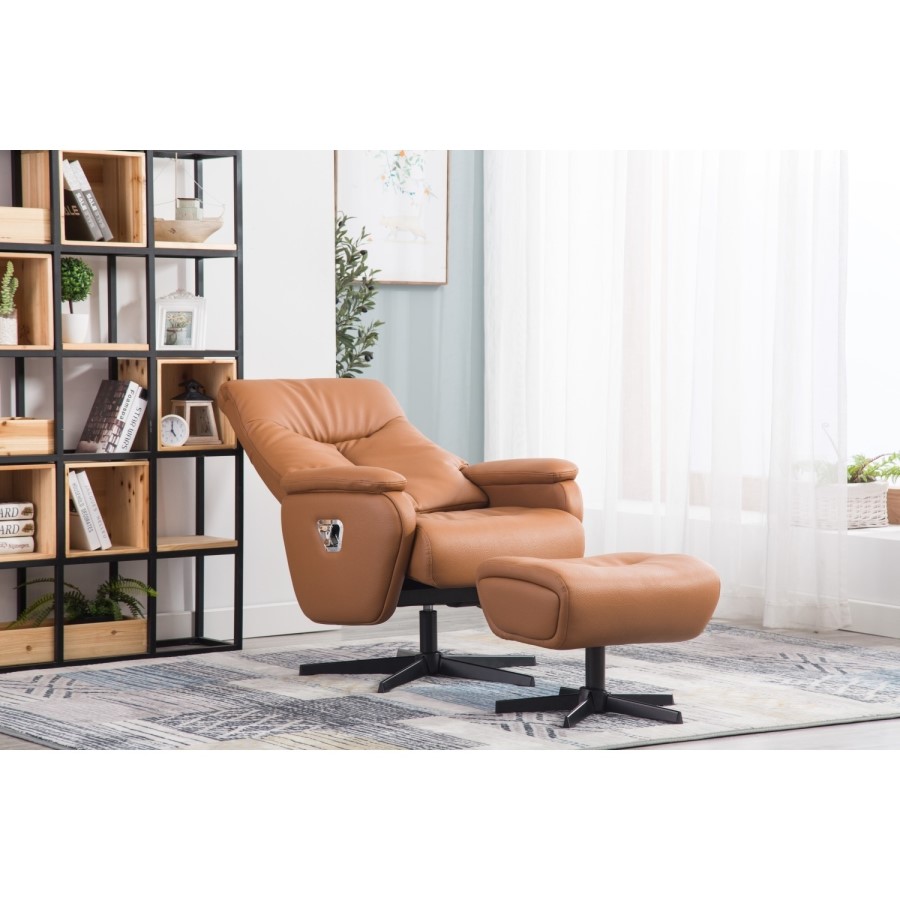 Santorini Faux Leather Tan Chair & Footstool with Swivel & Recliner