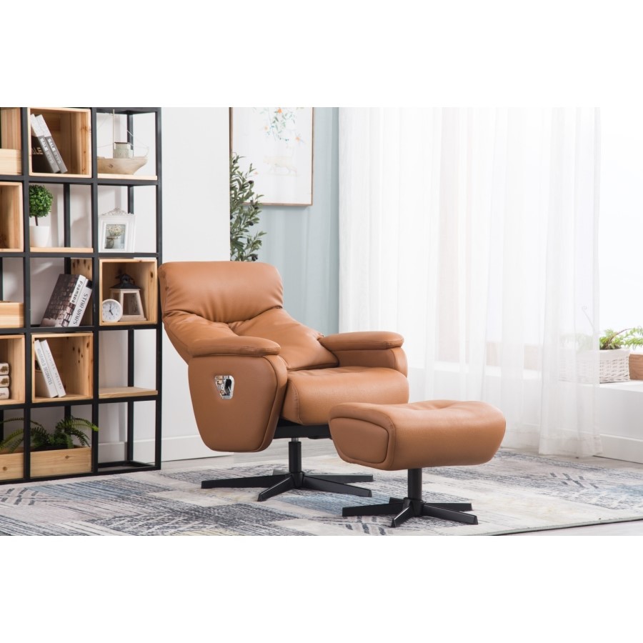 Santorini Faux Leather Tan Chair & Footstool with Swivel & Recliner