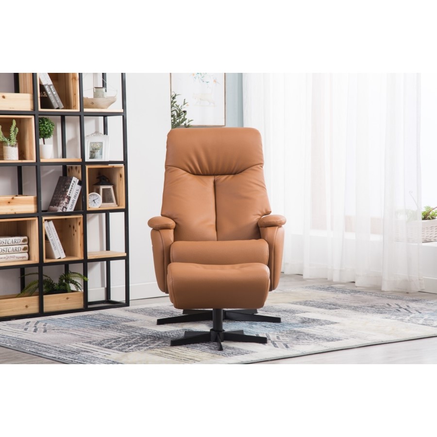 Santorini Faux Leather Tan Chair & Footstool with Swivel & Recliner