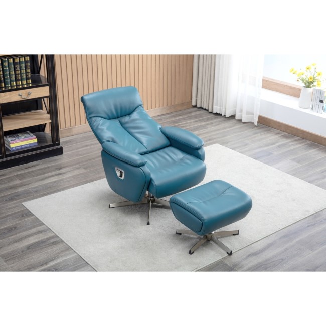 Santorini Swivel & Recliner Faux Leather Chair in Blue with Footstool