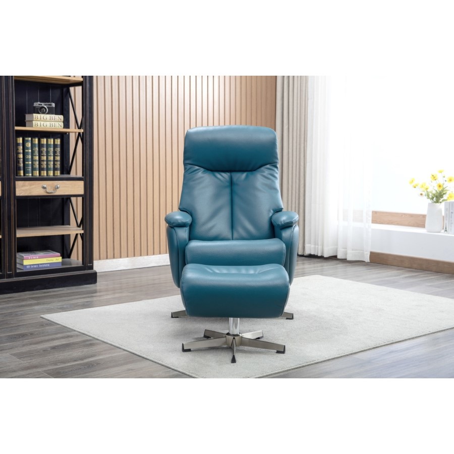 Santorini Swivel & Recliner Faux Leather Chair in Blue with Footstool