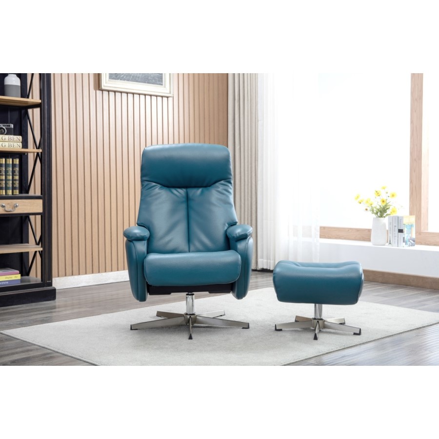 Santorini Swivel & Recliner Faux Leather Chair in Blue with Footstool