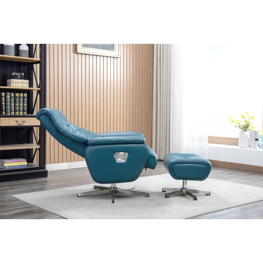 Santorini Swivel & Recliner Faux Leather Chair in Blue with Footstool