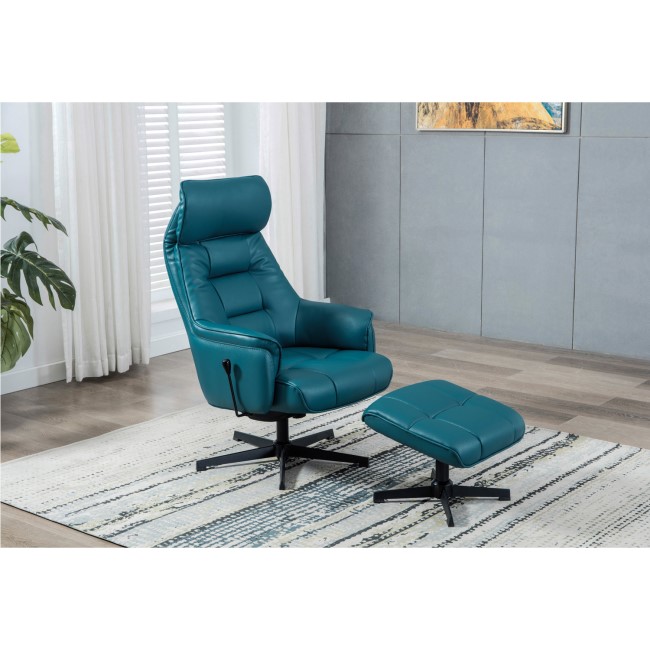 Auckland Swivel Recliner & Footstool in Blue Faux Leather