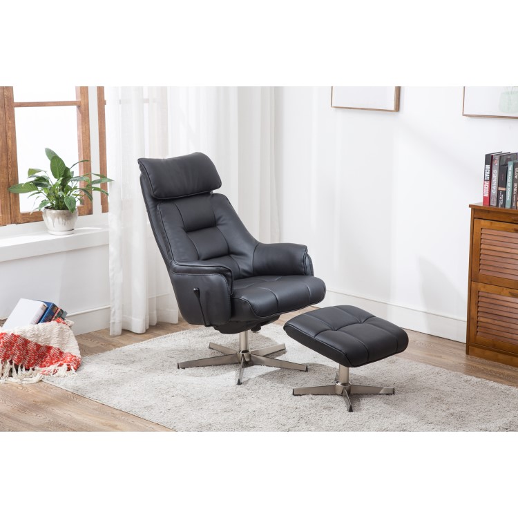 Auckland Swivel Recliner & Footstool in Black Faux Leather