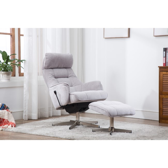 Auckland Swivel Recliner & Footstool in Light Grey Fabric