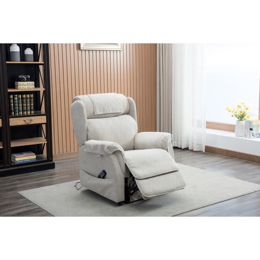 Ascot Cream Fabric Riser Recliner Chair with Remote Control - Lillie Sand