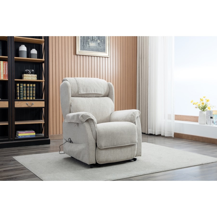 Ascot Cream Fabric Riser Recliner Chair with Remote Control - Lillie Sand