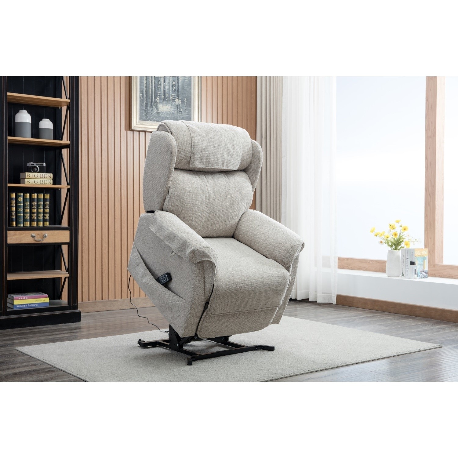 Ascot Cream Fabric Riser Recliner Chair With Remote Control