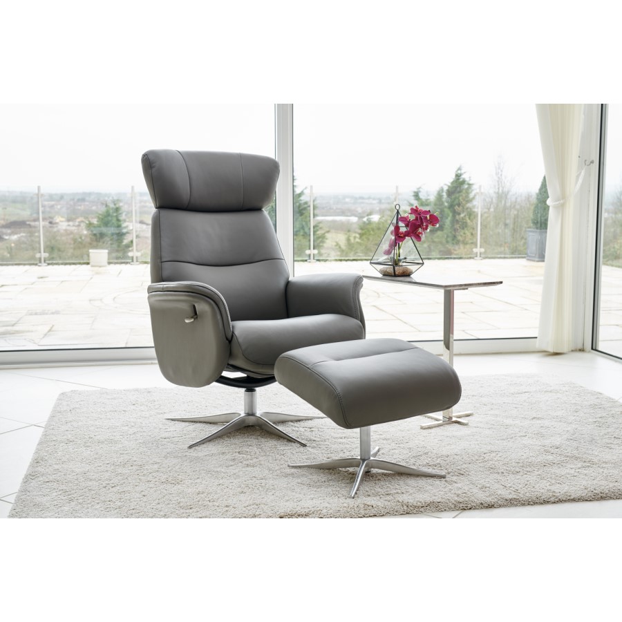 Dark Grey Leather Swivel Recliner Armchair with Footstool - Houston