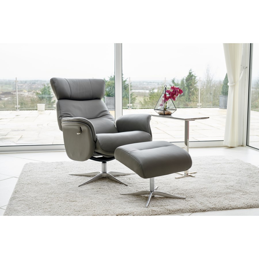 Dark Grey Leather Swivel Recliner Armchair with Footstool - Houston