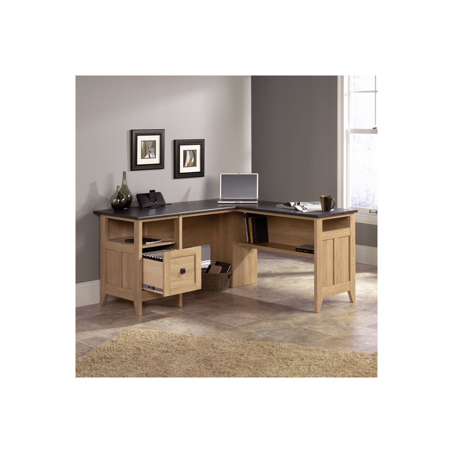 Photo of Oak effect l shaped desk with storage - teknik office