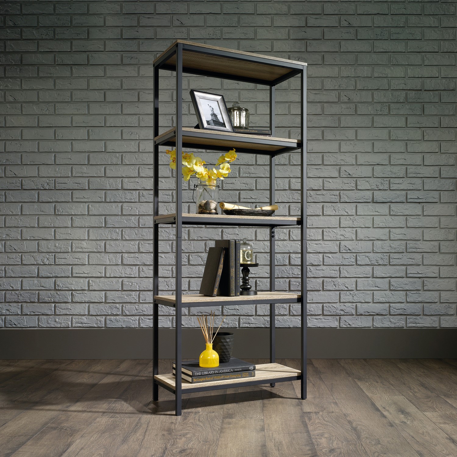 Photo of Tall oak and black metal open bookcase