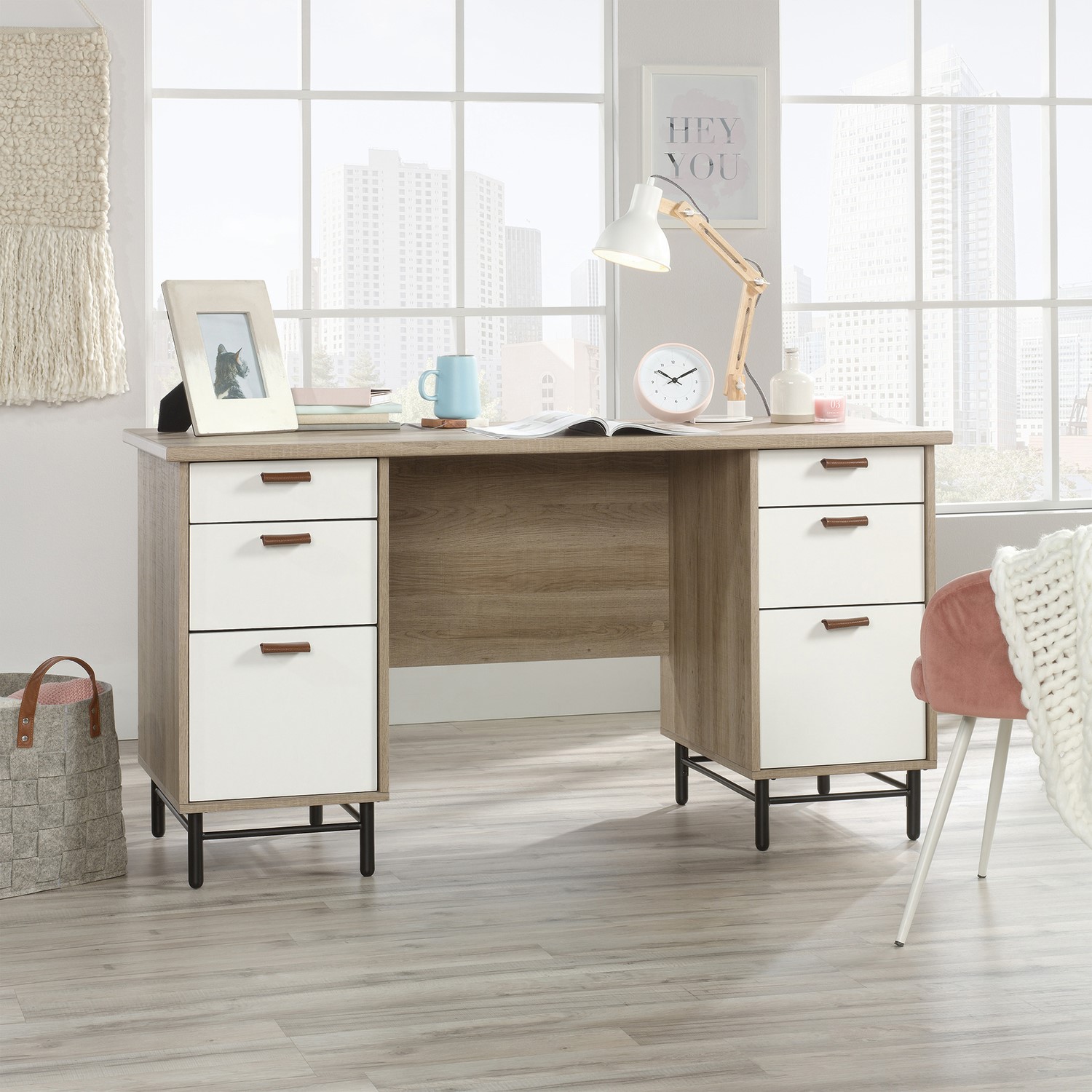 Photo of Oak effect desk with drawers - teknik office