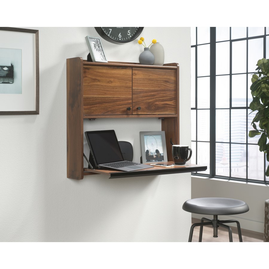 Floating Wall Mounted Desk with Brown Leather Handle - Hmstd Prk/ Teknik Office