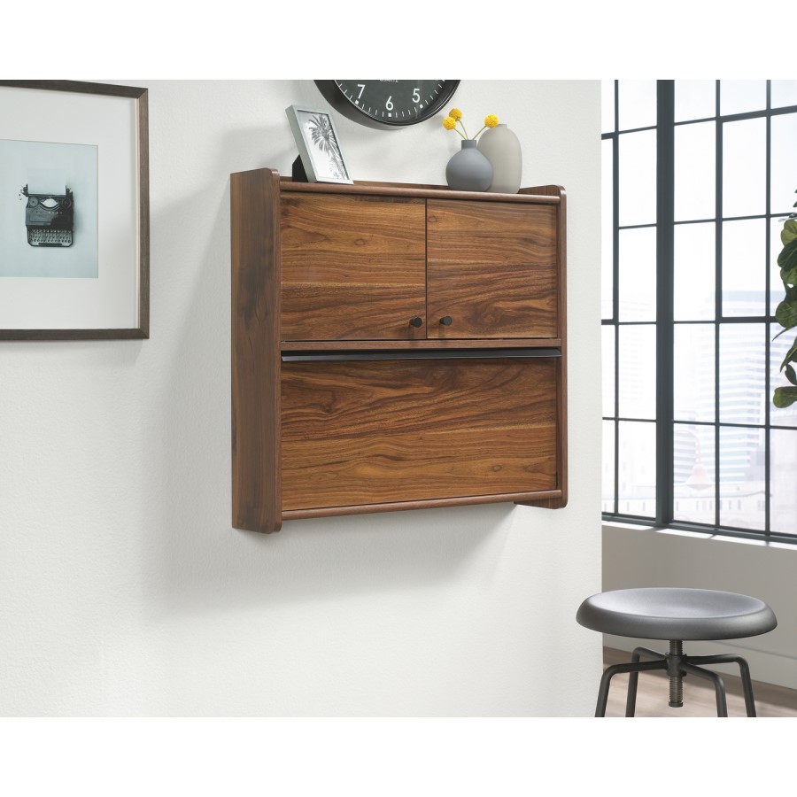 Floating Wall Mounted Desk with Brown Leather Handle - Hmstd Prk/ Teknik Office