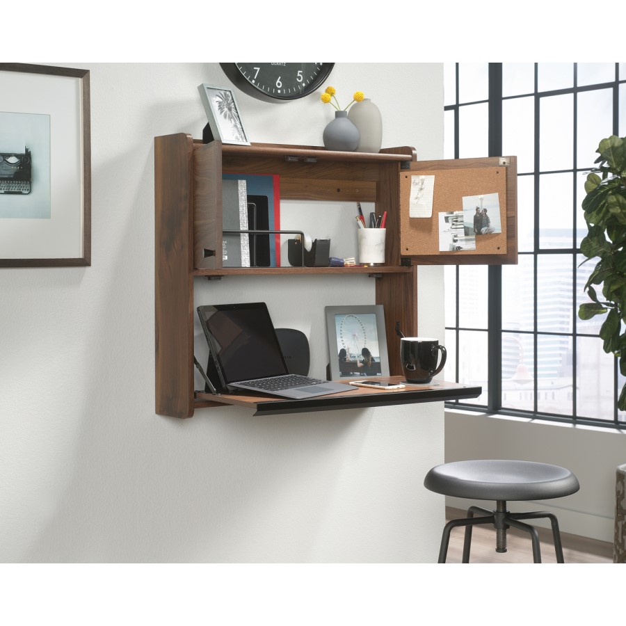 Floating Wall Mounted Desk with Brown Leather Handle - Hmstd Prk/ Teknik Office