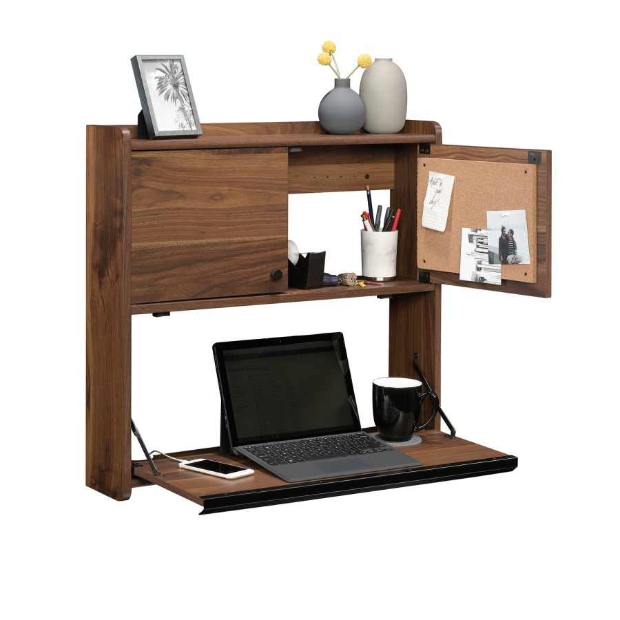 Floating Wall Mounted Desk with Brown Leather Handle - Hmstd Prk/ Teknik Office