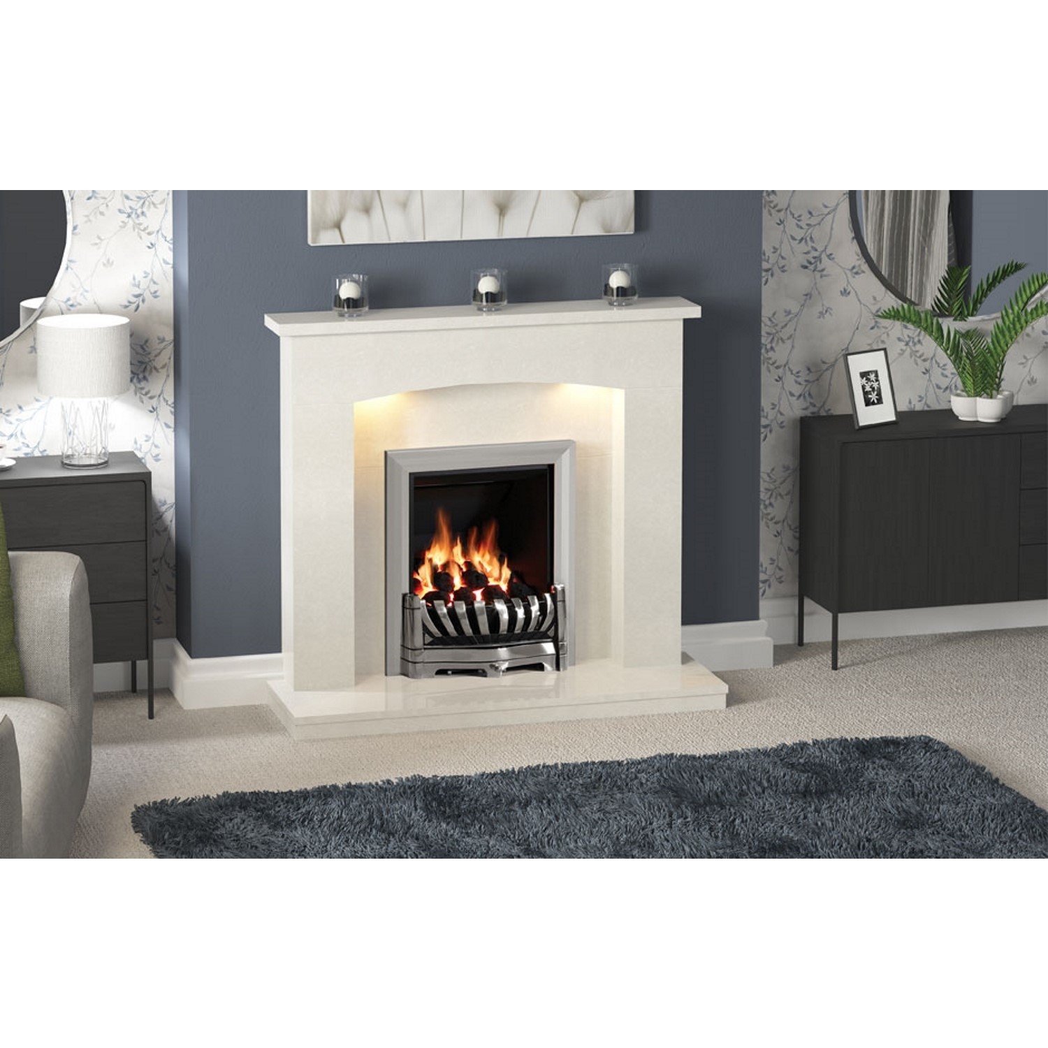 Be Modern Isabelle Cream Marble Fireplace Surround With Lights 45