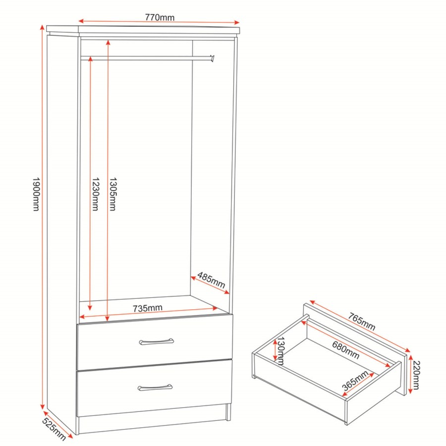 Seconique Charles 2 Door 2 Drawer Wardrobe in Oak