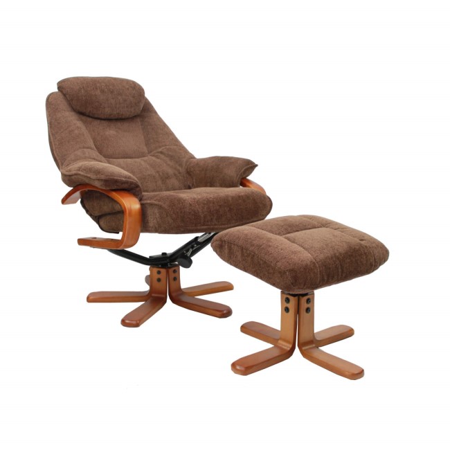 Hong Kong Chenille Fabric Swivel Recliner & Footstool in Chocolate