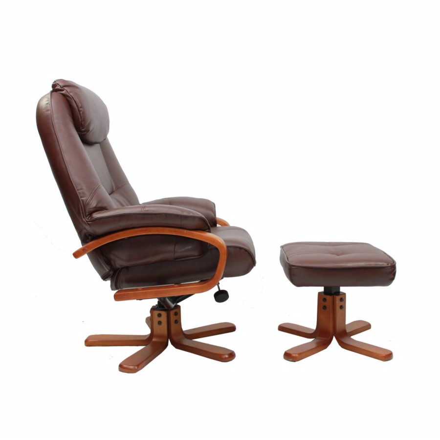 Macau Bonded Leather Swivel Recliner & Footstool in Nut Brown