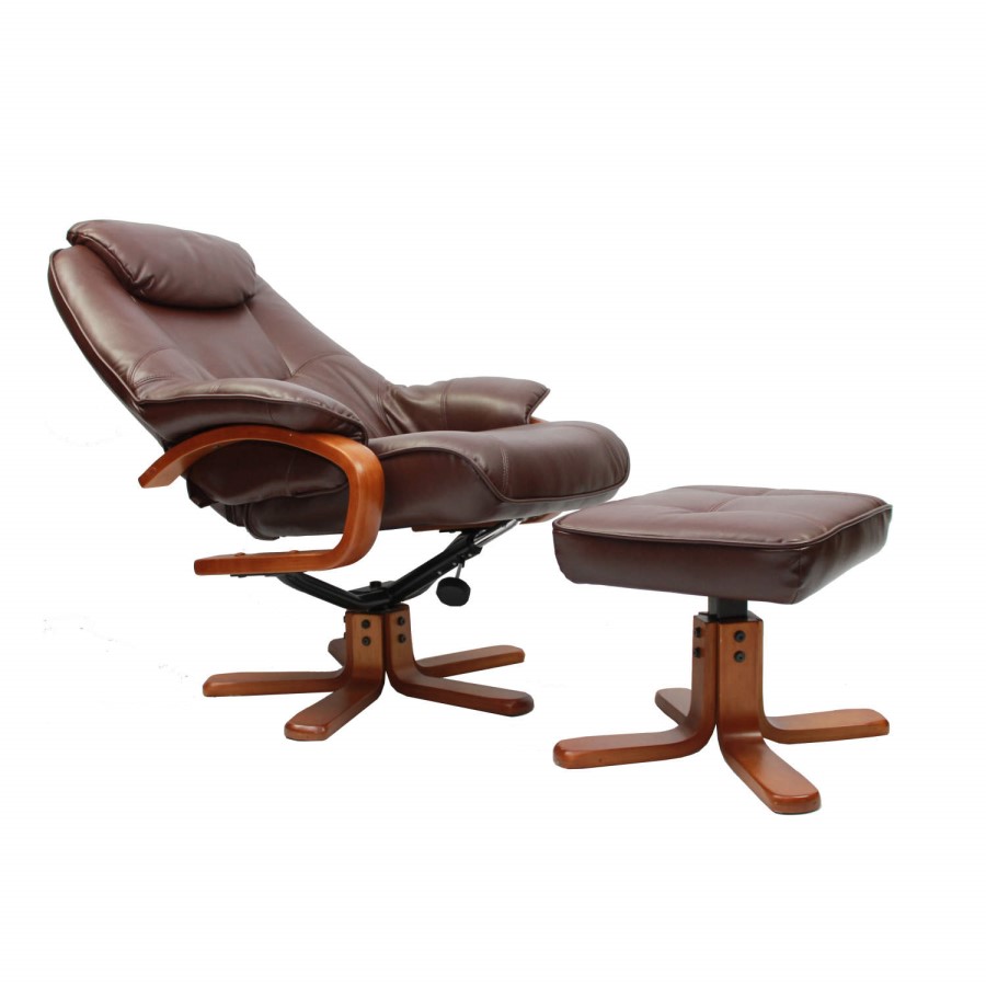 Macau Bonded Leather Swivel Recliner & Footstool in Nut Brown