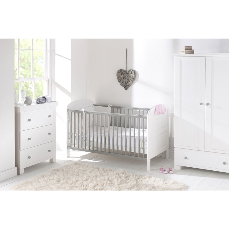 White and Grey Cot Bed with 3 Adjustable Heights - East Coast Angelica