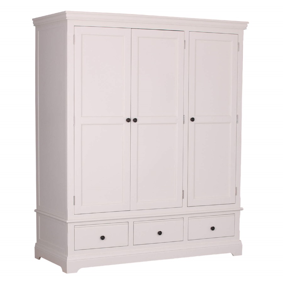 GRADE A2  - Savannah Solid Acacia Wood 3 Door 3 Drawer Wardrobe in Stone White