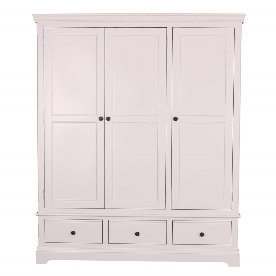 GRADE A2  - Savannah Solid Acacia Wood 3 Door 3 Drawer Wardrobe in Stone White