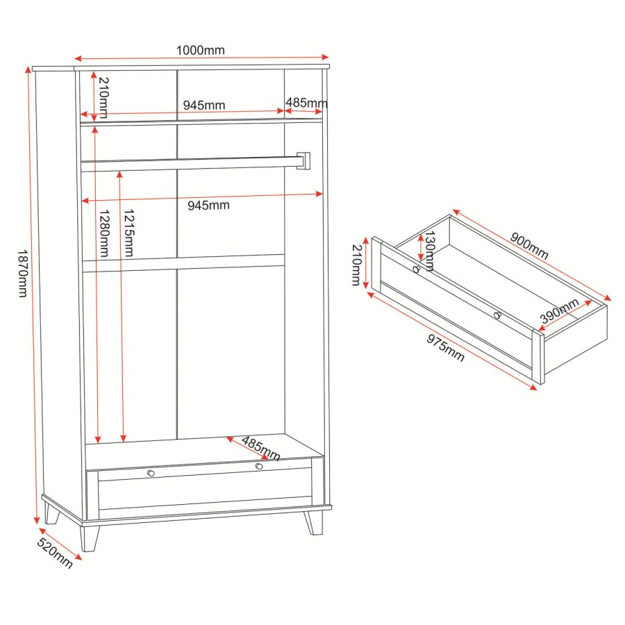 Seconique Arcadia Ash 2 Door 1 Drawer Wardrobe