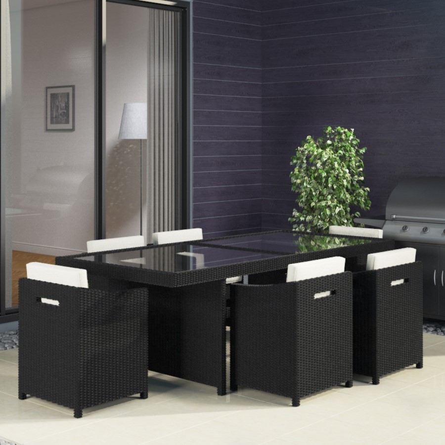 GRADE A2 - Black Rattan Garden Furniture - Garden Table and 6 Chairs