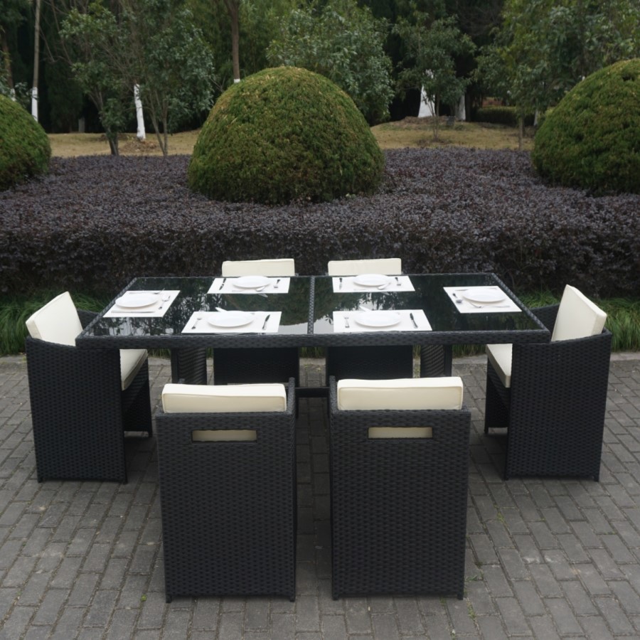 GRADE A1 - Black Rattan Garden Furniture - Garden Table and 6 Chairs