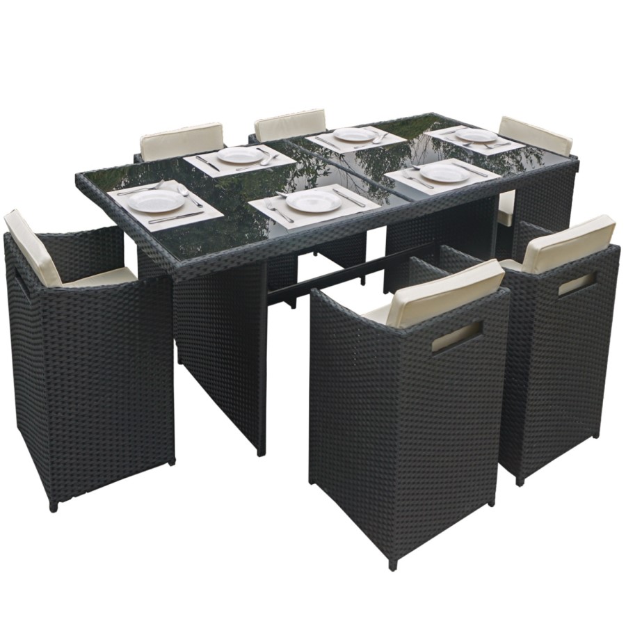 GRADE A1 - Black Rattan Garden Furniture - Garden Table and 6 Chairs