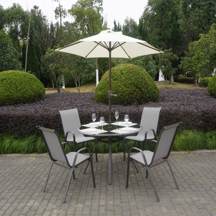 Grey Metal 4 Seater Garden Furniture Dining Set - Parasol Included 