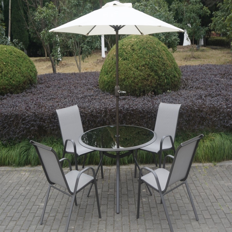 Grey Metal 4 Seater Garden Furniture Dining Set - Parasol Included 